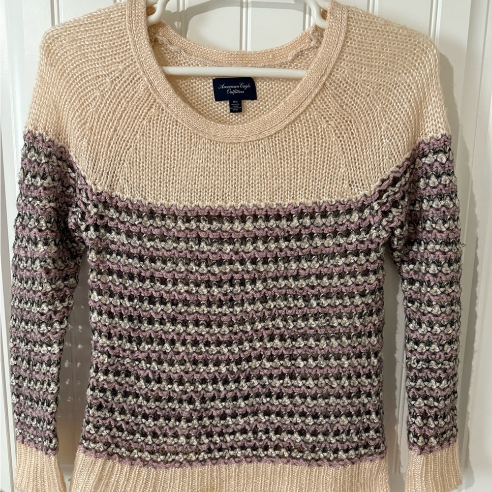 American Eagle Outfitters Cream and Brown Knit Sweater